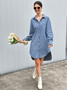 Aveloria 女式腰帶裝飾長袖牛仔連身裙 - 淺色水洗藍 - 查看 5