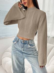 SHEIN EZwear Áo len dệt kim màu trơn cổ đứng tay loe cho nữ, áo dài tay - Màu Khaki - Xem 4