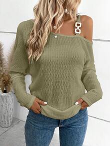 SHEIN Privé Chain Asymmetrical Shoulder Buffalo Plaid T-Shirt - Green - View 6