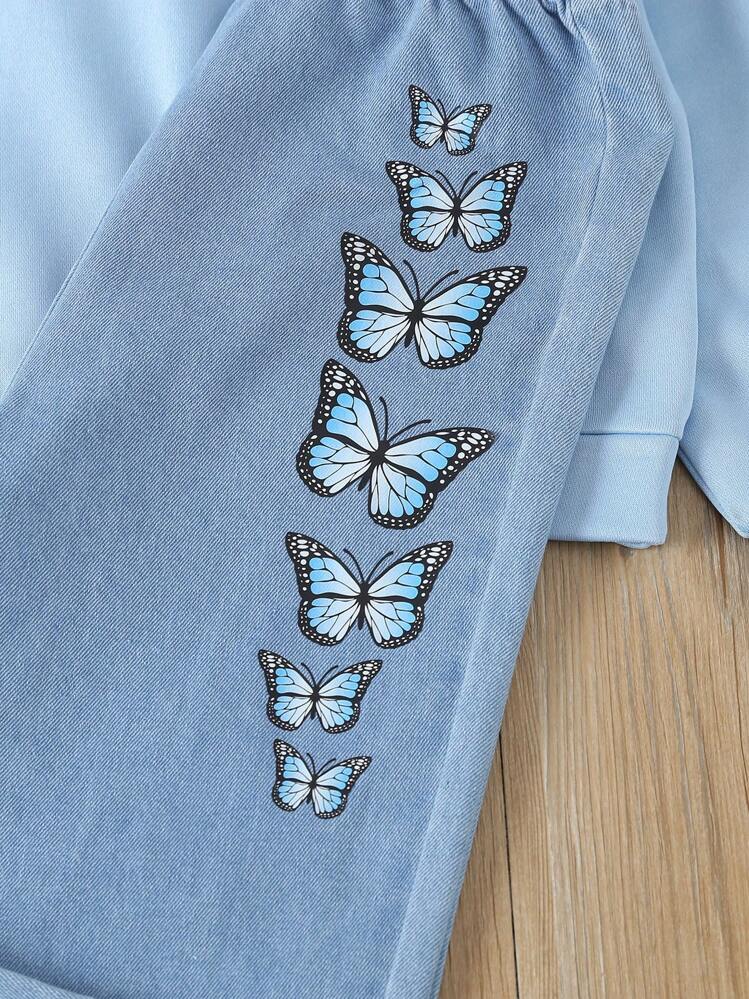 SHEIN Sparklyn Tween Girl 2pcs/Set Casual Comfortable Butterfly Print Hoodie & Pants - Light Wash - View 4