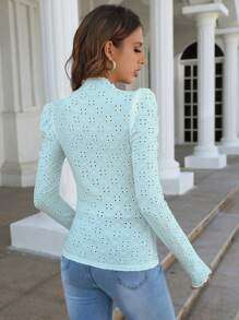 SHEIN Frenchy Của phụ nữ Thêu Hoa Đứng cổ áo Áo thun - Màu xanh nhạt - Xem 2