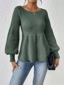 SHEIN Frenchy Solid Color Lantern Sleeve Sweater - Green - View 4