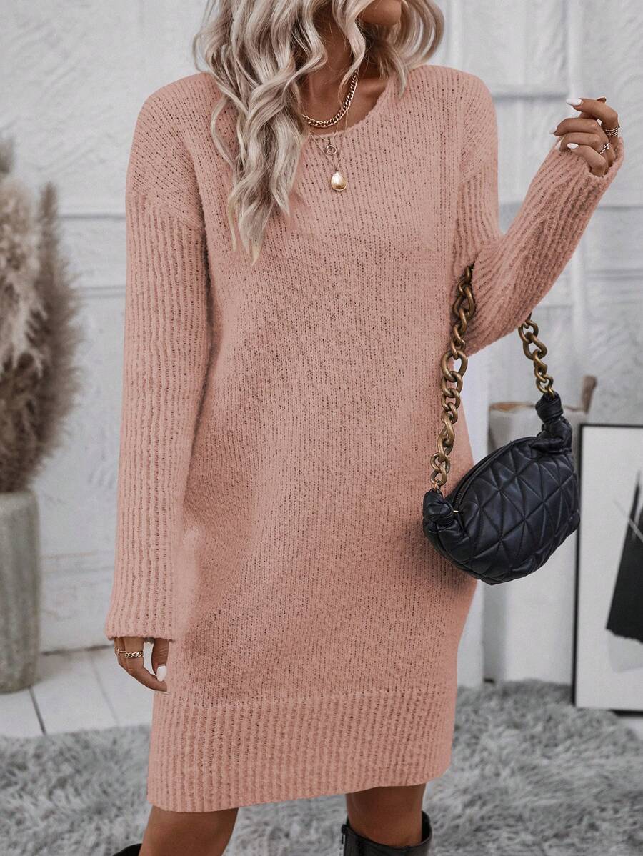 SHEIN Essnce 純色落肩圓領大輪廓毛衣連身裙 - 藕粉色 - 查看 1