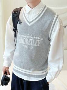 Aesthetic Post Nam In Slogan & Khối màu Áo len vest - Xám - Xem 4
