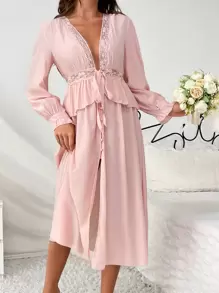 Lace Splice Tie Front Flare Sleeve Night Dress - Baby Pink - View 1