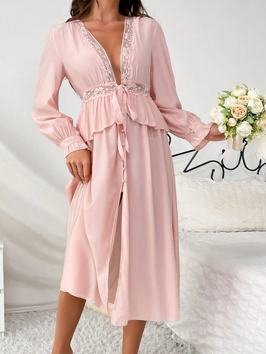Lace Splice Tie Front Flare Sleeve Night Dress - Baby Pink - View 1