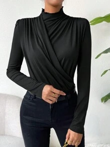 SHEIN Privé Women's Slim Fit Ruched T-shirt - Black - View 5