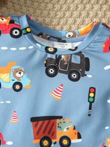 SHEIN Young Boy Comfortable Cute Cartoon Printed Short Sleeve Top And Long Pants Snug Fit Homewear Set - Multicolor - View 6