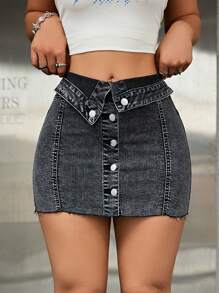 Jeanoix Button Front Raw Hem Denim Skirt - Dark Grey - View 1