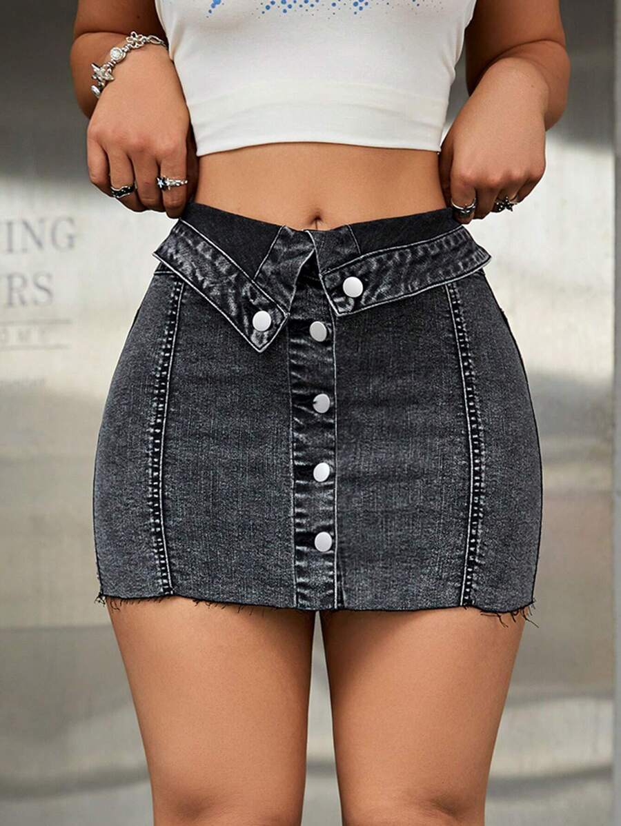 Jeanoix Button Front Raw Hem Denim Skirt - Dark Grey - View 1