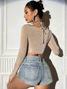 SHEIN Unity Hollow Out Halter Cropped T-shirt - Khaki - View 2