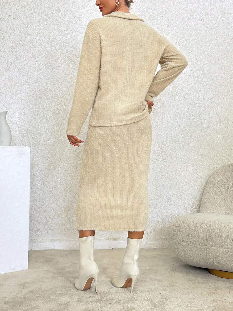 Women's Textured Fabric Knitted Two-piece With Turn Down Collar