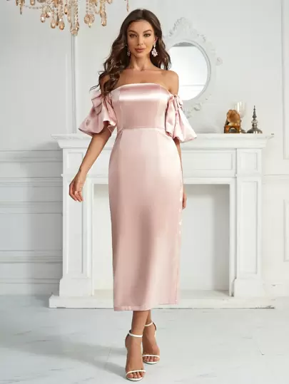 SHEIN Belle Off Shoulder Bow Detail Satin Cocktail Dress
