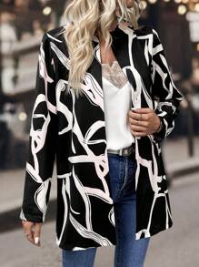 SHEIN LUNE Graphic Print Open Front Coat - Black and White - View 6