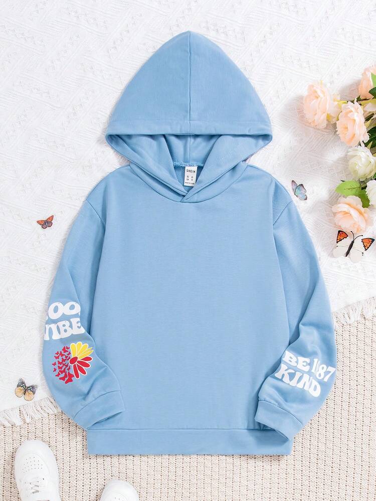 Tween Girl Fashion Casual Slogan Printed Sweatshirt In Blue