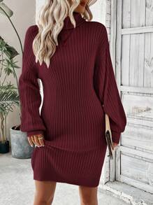 SHEIN LUNE 高領燈籠袖落肩毛衣連身裙 - 酒紅色 - 查看 3