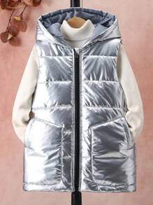 SHEIN Áo vest mùa đông có mũ trùm đầu phía trước của Tween Girls - Bạc - Xem 1