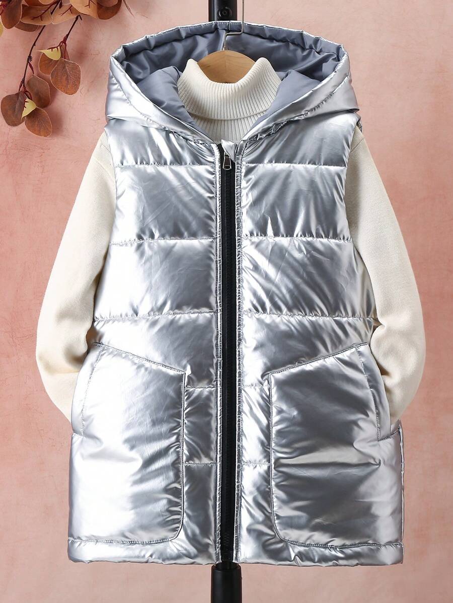 SHEIN Áo vest mùa đông có mũ trùm đầu phía trước của Tween Girls - Bạc - Xem 1
