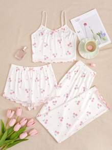 Cute Cherry Pattern Pajama Set - White - View 1