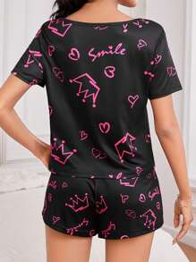 Women's Crown Pattern Short Sleeve And Shorts Pajama Set - Black - View 2