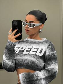 SHEIN ICON 字母印花漸變超短束身毛衣 - 灰色 - 查看 2