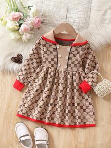 Em bé Cô gái Đầm Áo len Với Giường đôi In thư Và Nút Đồ trang trí - Màu Khaki - Xem 1