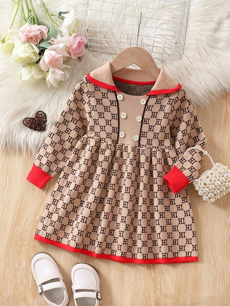 Em bé Cô gái Đầm Áo len Với Giường đôi In thư Và Nút Đồ trang trí - Màu Khaki - Xem 1