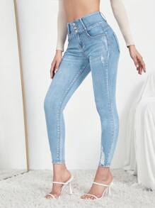 SHEIN Essnce Nút Bay Đau khổ Quần jean ôm - Rửa nhẹ - Xem 1