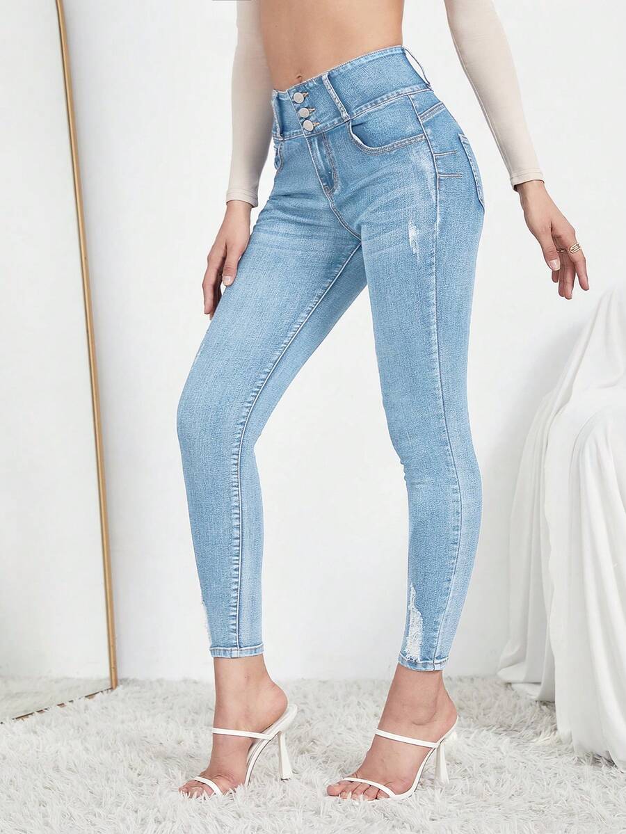 SHEIN Essnce Nút Bay Đau khổ Quần jean ôm - Rửa nhẹ - Xem 1