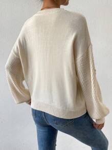 SHEIN Essnce 女用蝴蝶圖案落肩高領毛衣 - 杏色 - 查看 2