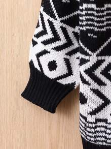 SHEIN Geometric Pattern Cardigan, For Tween Girls - Black and White - View 6