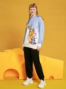 TOM & JERRY X SHEIN Unisex Cartoon Printed Hooded Sweatshirt And Pants Set - Blue - View 4