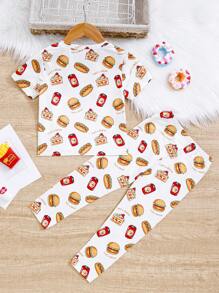 SHEIN Toddler Girls' Casual Street-style Knitted Short Sleeve T-shirt And Leggings Set