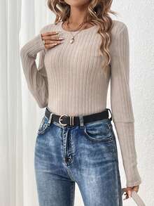 SHEIN LUNE Quý cô Màu thuần Sọc Áo thun - Màu Khaki - Xem 3