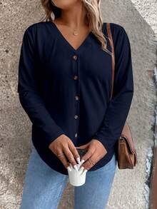 SHEIN LUNE Plus Size Women's Decorative Button T-shirt With Front Design - Blue - View 3