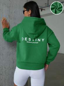 EURMUSE Ladies' Fleece Hoodie With Letter Printed Drawstring - Green - View 1
