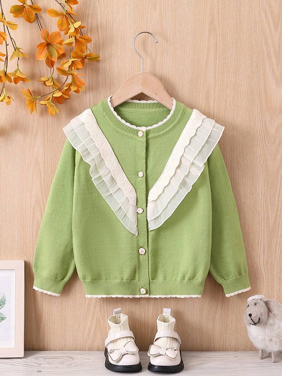 SHEIN Cardigan De Mosaico Con Volantes De Niña Pequeña Con Colores Contrastantes - Verde - Ver 1
