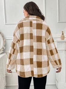 SHEIN LUNE Plus Size Plaid Drop Shoulder Jacket - Khaki - View 2