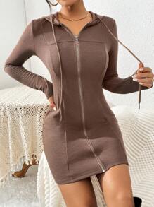 SHEIN Essnce Women's Solid Color Zipper Drawstring Hooded Dress - Yellow - View 4