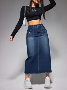 SHEIN EZwear Frayed Hem Washed Denim Skirt - Dark Wash - View 6