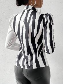 SHEIN Slayr 女裝條紋拼色泡泡袖襯衫 - 黑與白 - 查看 2
