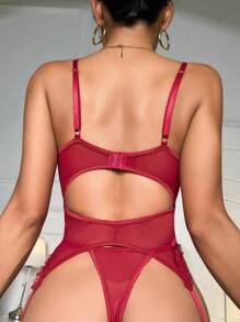 SHEIN 3入組拼接蕾絲網眼性感內衣套裝 - 酒紅色 - 查看 2