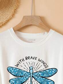 SHEIN EZwear Women's Plus Size Blue Dragonfly Printed T-shirt - White - View 6