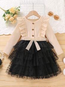 SHEIN Váy lưới nhiều lớp viền bèo nhún cho bé gái - Màu Khaki - Xem 1