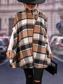 SHEIN LUNE Abrigo capa con estampado de cuadros unido en contraste de manga capa bajo asimétrico