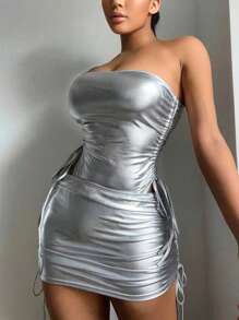 女款銀色無肩帶側邊抽繩泳衣裙 2 件套 - 銀色 - 查看 5