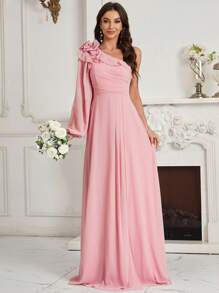 SHEIN Belle Adults' Ruched, Ruffled, Floral One Shoulder Bridesmaid Dress With Flounce Detail - Pink - View 4