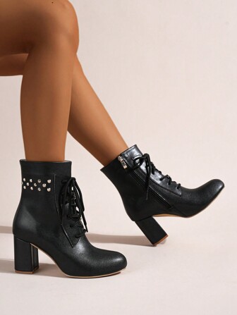 Fashionable Women's Party & Punk Style Studded Lace-up Black Mid-calf Boots