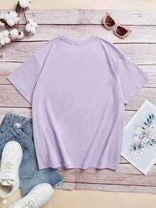 少女休閒純色短袖t卹適合夏季 - 紫色 - 查看 2