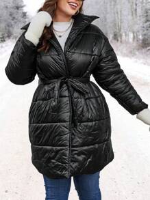 SHEIN LUNE Plus Solid Slant Pocket Belted Padded Padded Coat Clothes Winter - Black - View 3